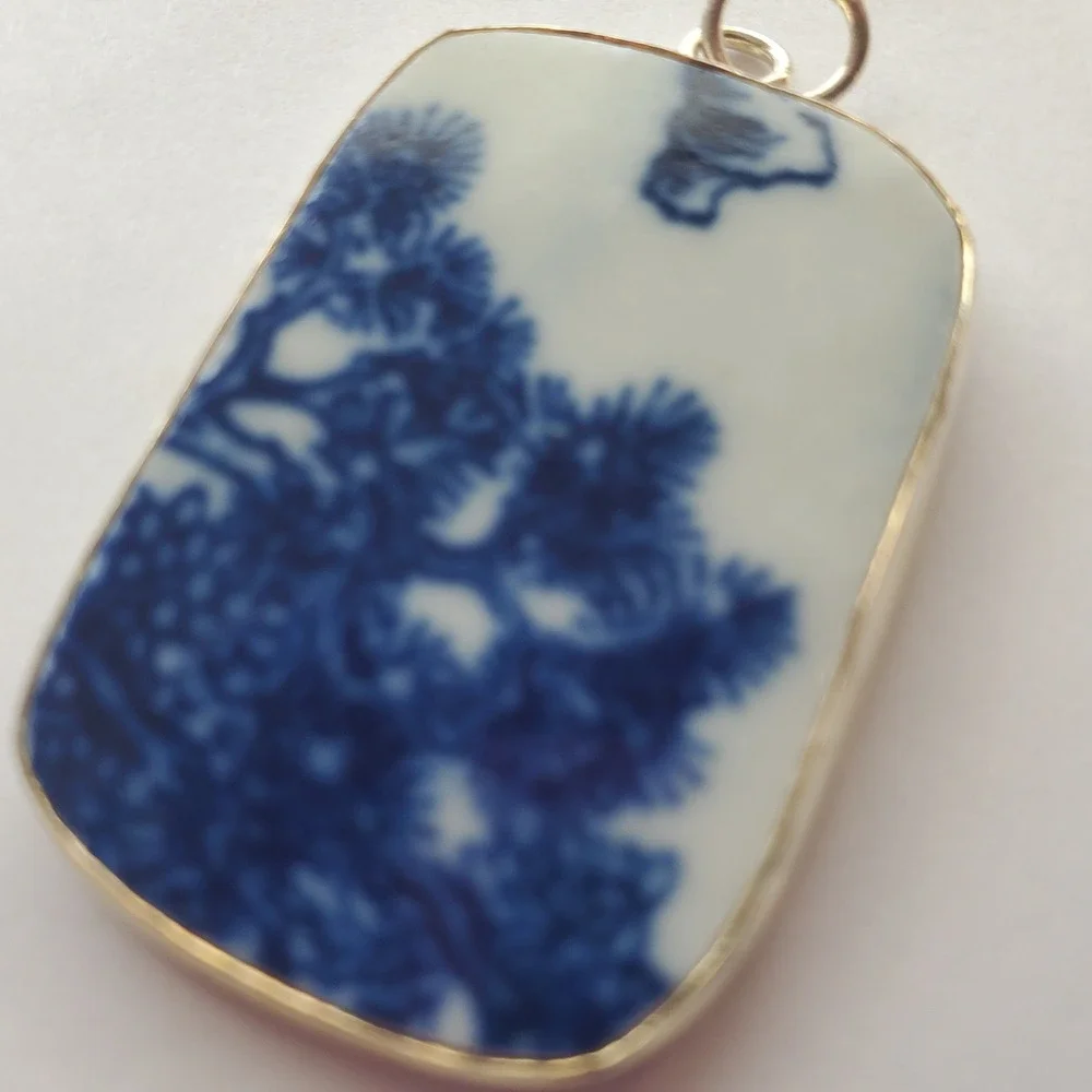 Vintage Blue & White Bonsai Tree Pottery Shard Pendant Chinoiserie Focal Jewelry